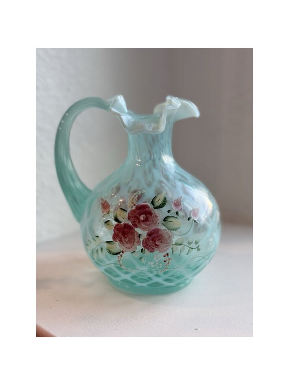 Vintage Hand Painted Glass Ewer by L. Everson | Aqua Opalescent Floral Pitcher